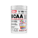 Supplement container labeled 'Basic Supplements' BCAA Electrolyte Formula in candy burst flavor on a white background.