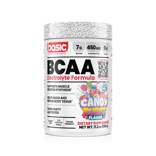 Supplement container labeled 'Basic Supplements' BCAA Electrolyte Formula in candy burst flavor on a white background.