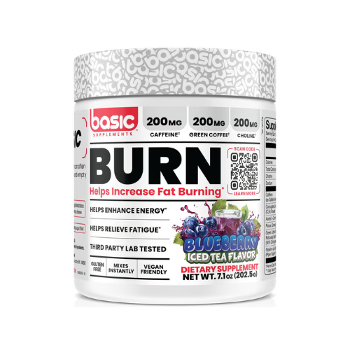 Supplement container labeled 'BURN' with blueberry iced tea flavor on a white background