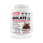 Whey isolate supplement container with chocolate flavor on a white background