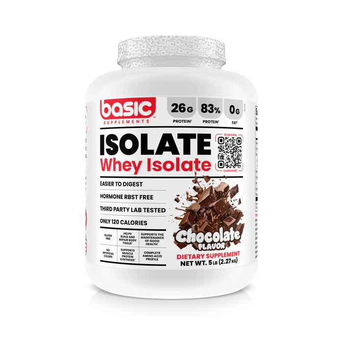 Whey isolate supplement container with chocolate flavor on a white background