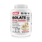 Whey protein isolate container with vanilla flavor on a white background