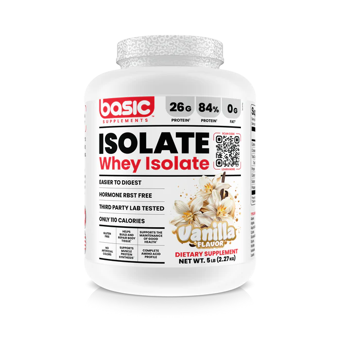 Whey protein isolate container with vanilla flavor on a white background