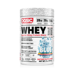 Whey protein supplement container with blue marshmallow flavor on a white background