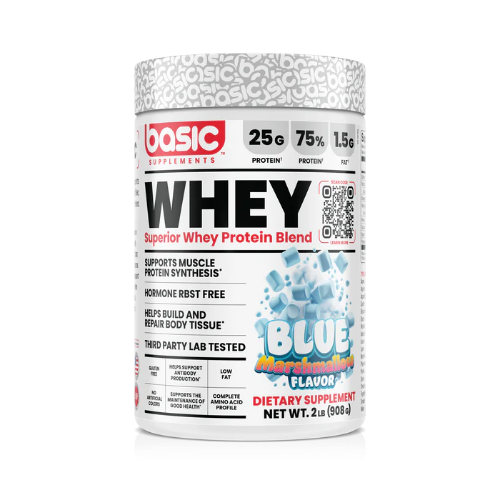 Whey protein supplement container with blue marshmallow flavor on a white background