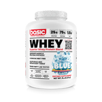 Whey protein supplement container with 'Basic Supplements' branding on a white background