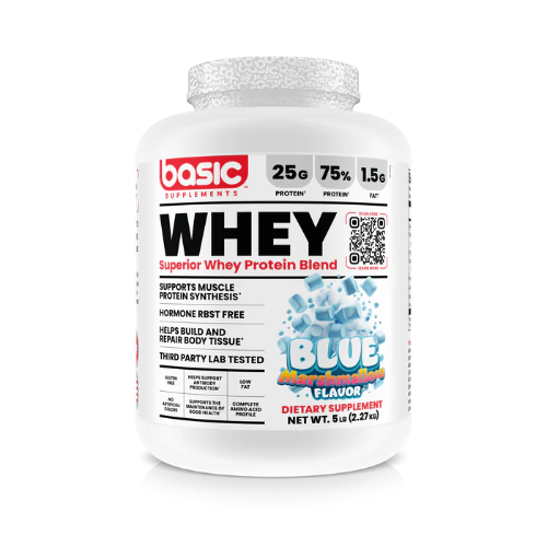 Whey protein supplement container with 'Basic Supplements' branding on a white background