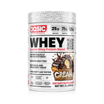 Whey protein supplement container with Boston Cream Donut flavor on a white background
