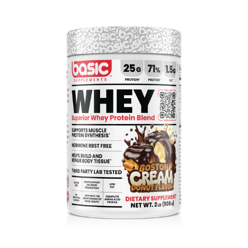 Whey protein supplement container with Boston Cream Donut flavor on a white background
