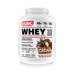 Whey protein supplement container with Boston Cream Donut flavor on a white background