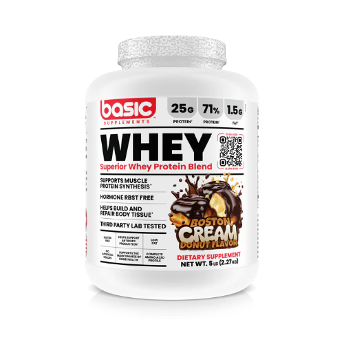 Whey protein supplement container with Boston Cream Donut flavor on a white background