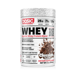 Whey protein supplement container with chocolate flavor on a white background