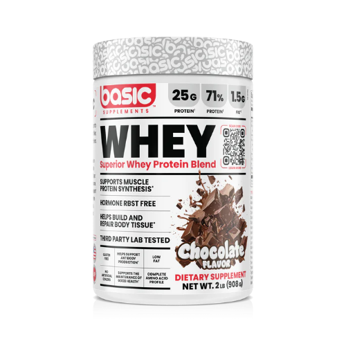 Whey protein supplement container with chocolate flavor on a white background
