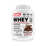 Whey protein supplement container with chocolate flavor on a white background