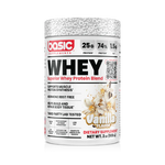 Whey protein supplement container with vanilla flavor on a white background