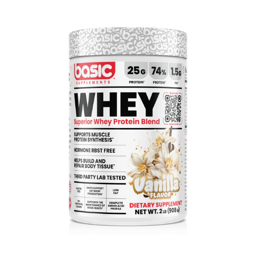 Whey protein supplement container with vanilla flavor on a white background