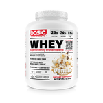 Whey protein supplement container with vanilla flavor on a white background