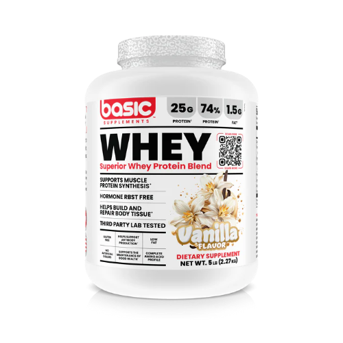 Whey protein supplement container with vanilla flavor on a white background