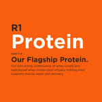 Orange background with white and black text about R1 Protein