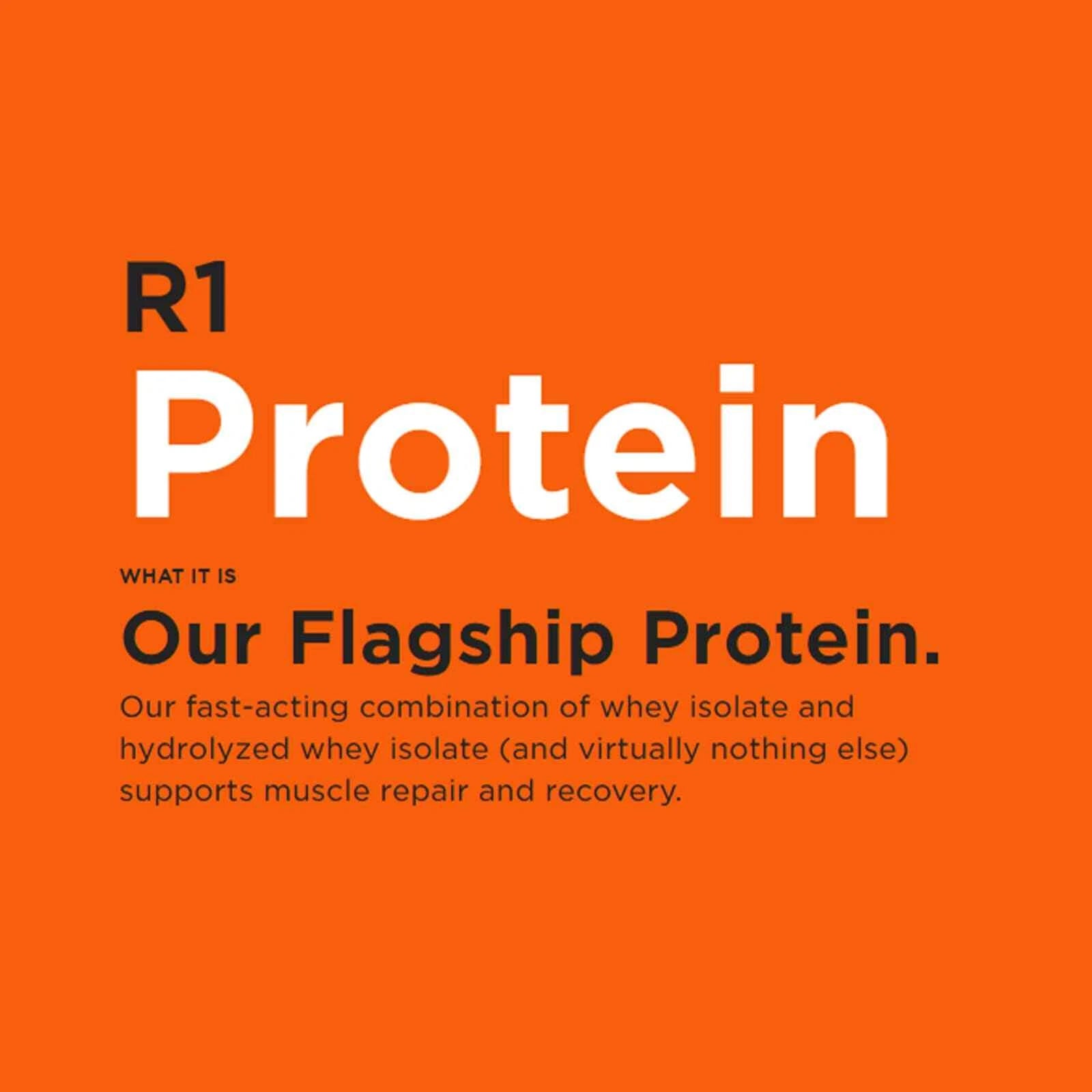Orange background with white and black text about R1 Protein