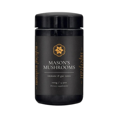 Black supplement container with yellow text on a white background