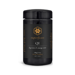 Black container of Superfeast QI tonic herb blend on a white background