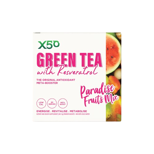 Box of X50 Green Tea with Resveratrol and Paradise Fruits Mix on a white background