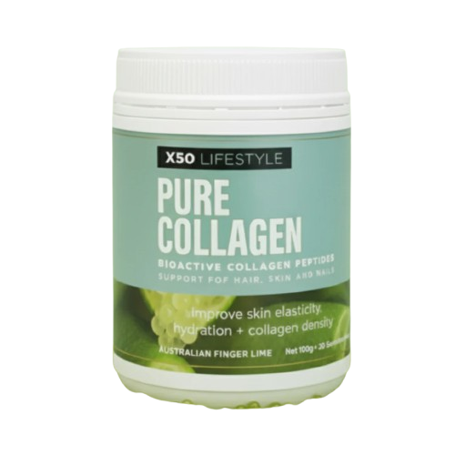 Jar of X50 Lifestyle Pure Collagen on a white background
