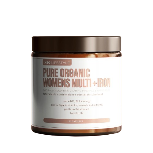 Supplement container labeled 'Pure Organic Women's Multi + Iron' by XSO Lifestyle on a white background.